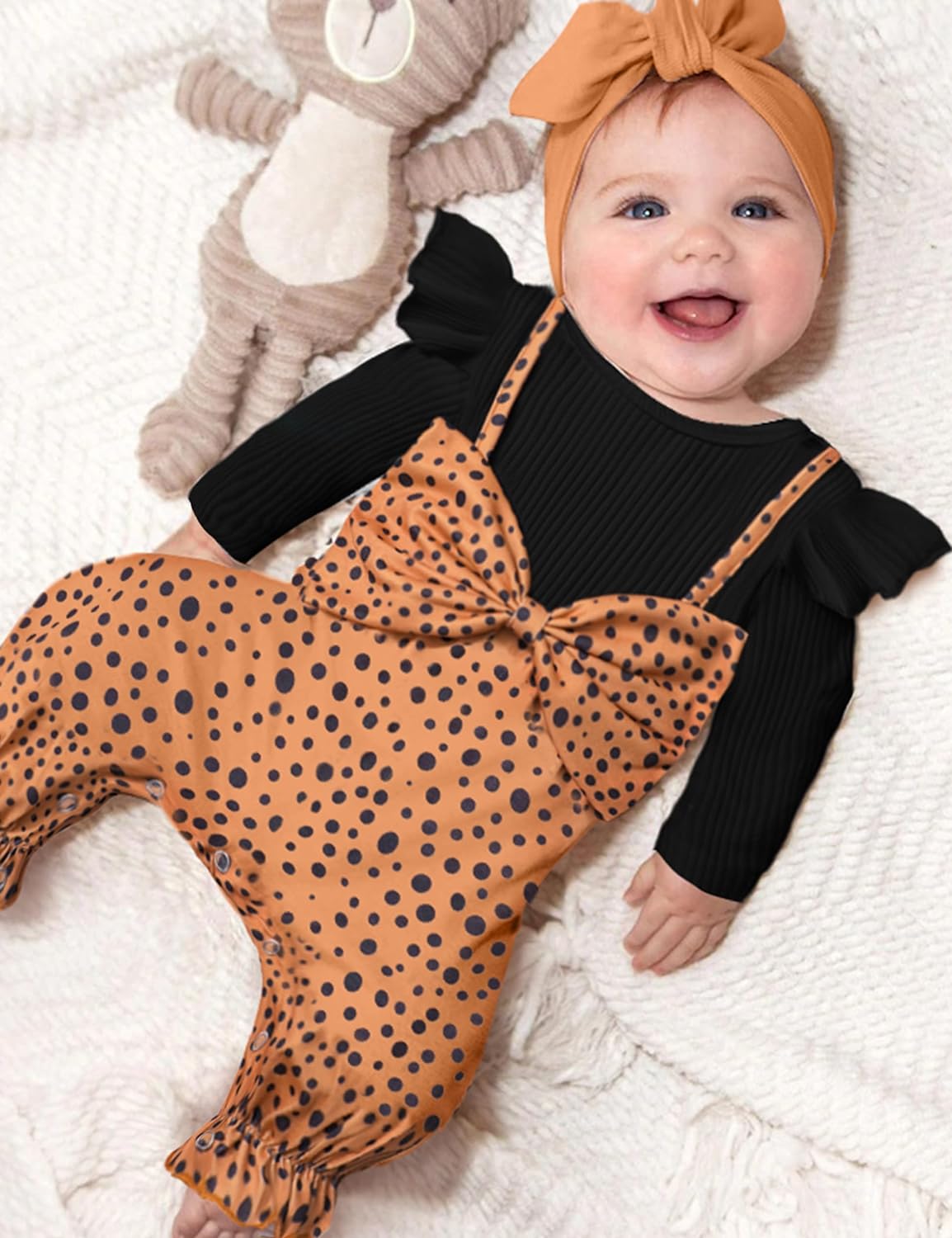 Queenstyle Newborn Baby Girl Clothes, Long Sleeve Ruffle Romper Jumpsuit Cute Infant Girl Fall Winter Outfits with Headband - Image 2